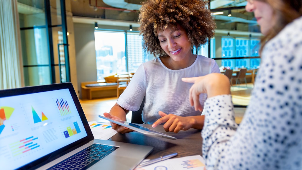 Business colleagues having a conversation. They are discussing finance charts and graphs on a laptop computer. They are both young business people in an office. Could be an interview or consultant working with a client.